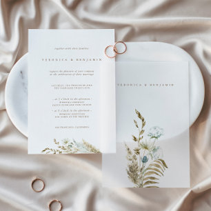 Dusty Blue Greenery & Dried Pampas Grass Wedding  Vellum Invitations