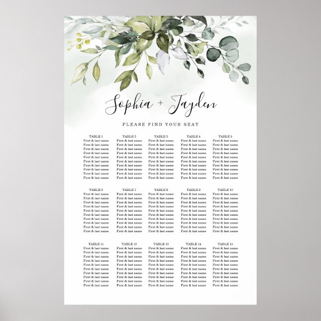 Dusty Blue Greenery Elegant Wedding Seating Chart (Front)