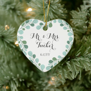 Dusty Blue Greenery Eucalyptus Mr. & Mrs. Photo Ceramic Ornament