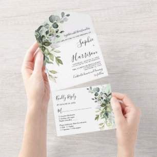Dusty Blue Greenery Eucalyptus Wedding All In One  Invitation