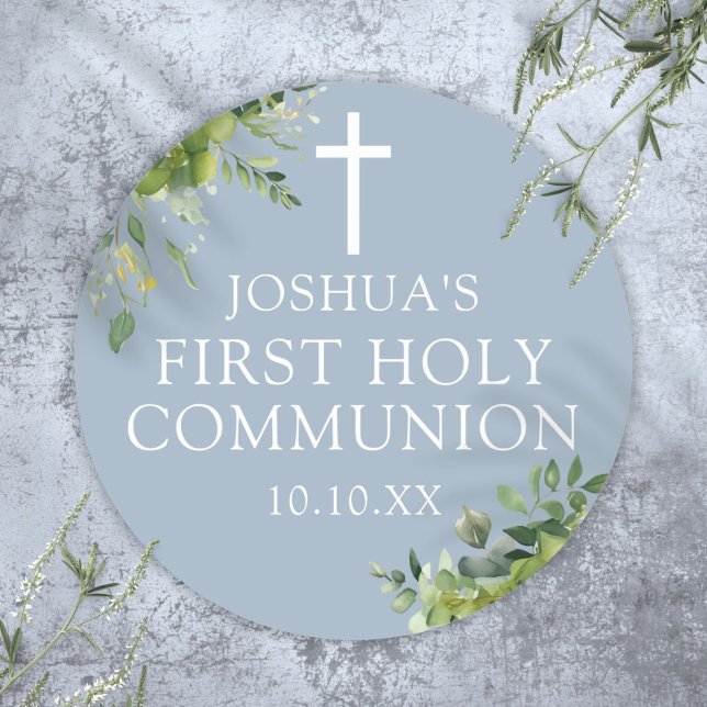 Dusty Blue Greenery First Holy Communion Favour Classic Round Sticker (Dusty Blue Greenery First Holy Communion Favor Classic Round Sticker)