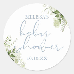 Dusty Blue Greenery Floral Boy Baby Shower Favour Classic Round Sticker