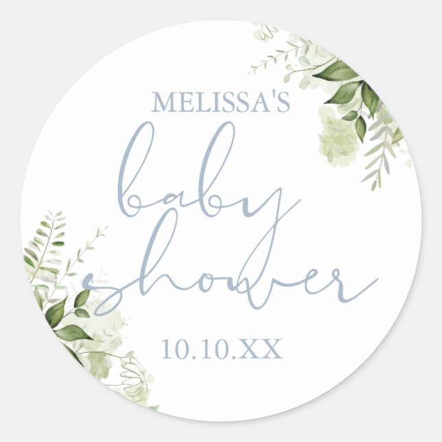 Dusty Blue Greenery Floral Boy Baby Shower Favour Classic Round Sticker (Front)