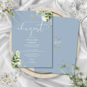 Dusty Blue Greenery Floral Chrzest Baptism Invitation
