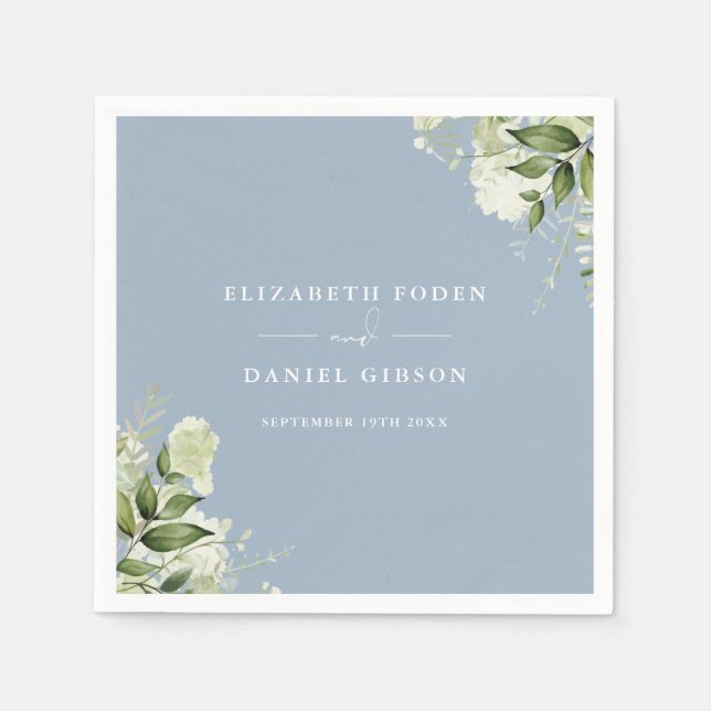 Dusty Blue Greenery Floral Elegant Names Date Napkin (Front)