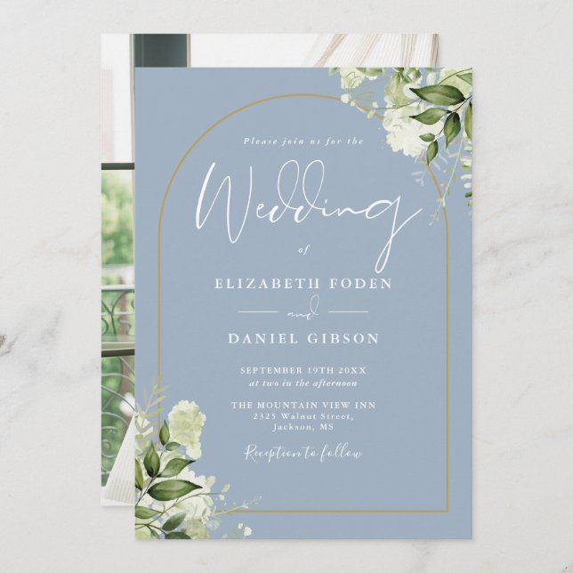 Dusty Blue Greenery Floral Gold Arch Photo Wedding Invitation (Front/Back)