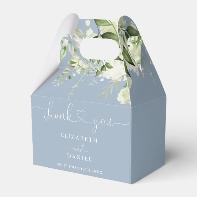 Dusty Blue Greenery Floral Heart Script Wedding Favour Box (Front Side)