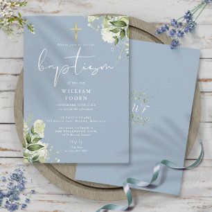 Dusty Blue Greenery Floral Monogram Baptism Invitation