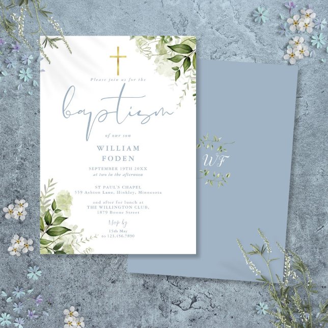 Dusty Blue Greenery Floral Monogram Baptism Invitation (Dusty Blue Greenery Floral Monogram Baptism Invitation)