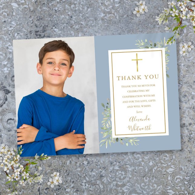 Dusty Blue Greenery Floral Photo Confirmation Thank You Card (Dusty Blue Greenery Floral Photo Confirmation Thank You Card)