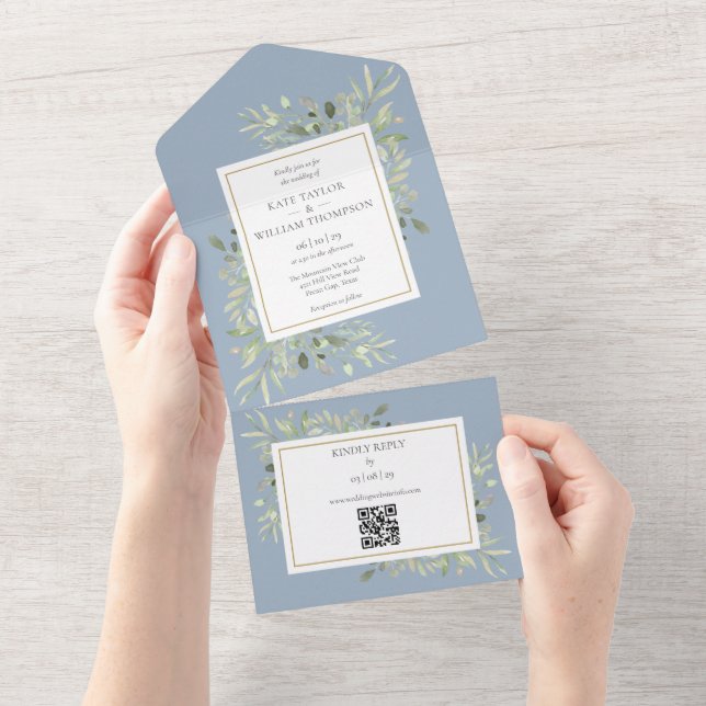 Dusty Blue Greenery Floral QR Code Wedding All In One Invitation (Tearaway)
