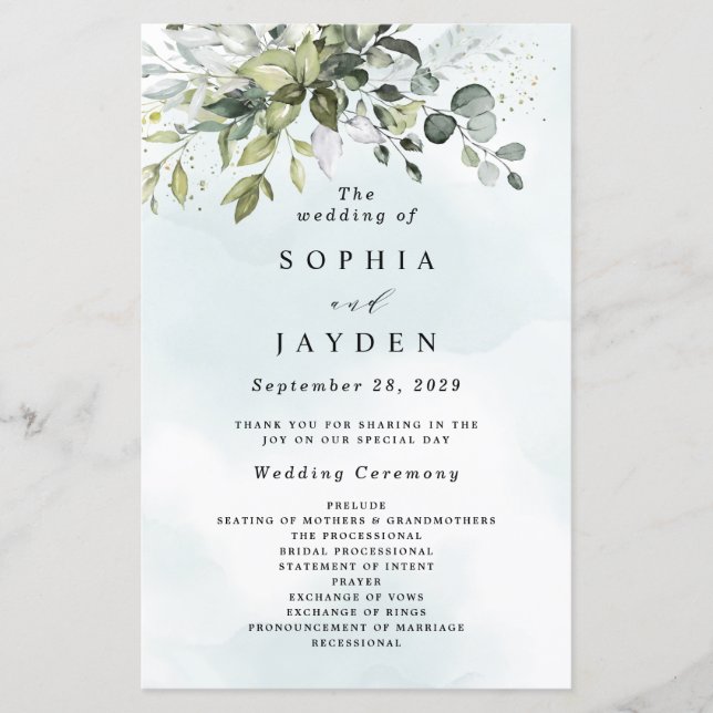 Dusty Blue Greenery Floral Rustic Wedding Programs (Front)