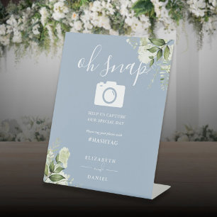 Dusty Blue Greenery Floral Script Oh Snap Photo Pedestal Sign