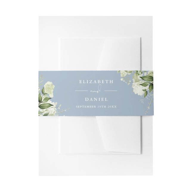 Dusty Blue Greenery Floral Wedding Invitation Belly Band (Front Example)