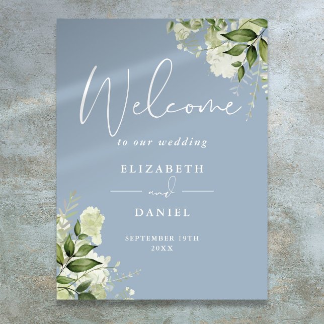 Dusty Blue Greenery Floral Wedding Welcome Sign (Dusty Blue Greenery Floral Wedding Welcome Sign)