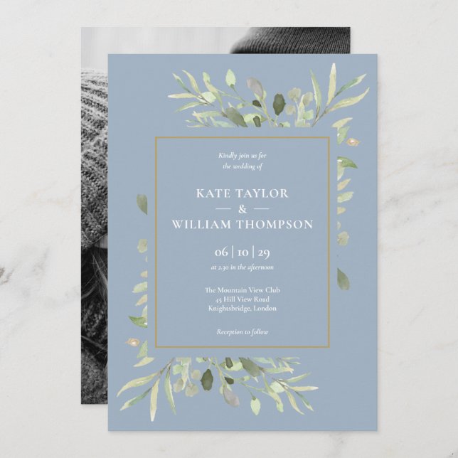 Dusty Blue Greenery Foliage Photo Wedding Invitation (Front/Back)