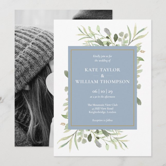 Dusty Blue Greenery Foliage Photo Wedding Invitation (Front/Back)
