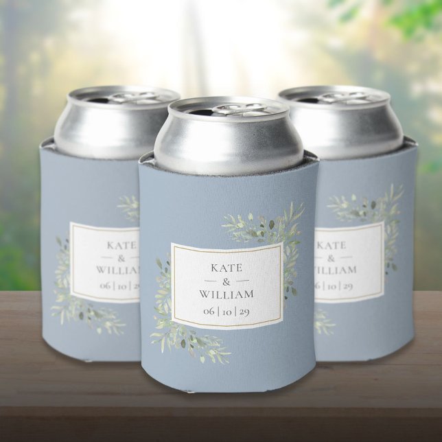 Dusty Blue Greenery Foliage Wedding Can Cooler (Dusty Blue Greenery Foliage Wedding Can Cooler)