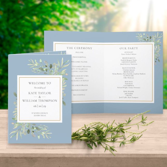Dusty Blue Greenery Foliage Wedding Program (Creator Uploaded)