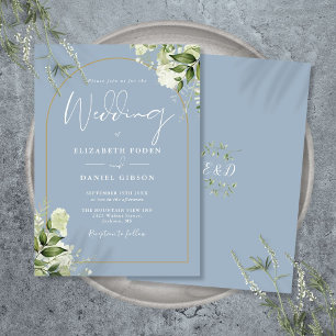 Dusty Blue Greenery Gold Arch Monogram Wedding Invitation