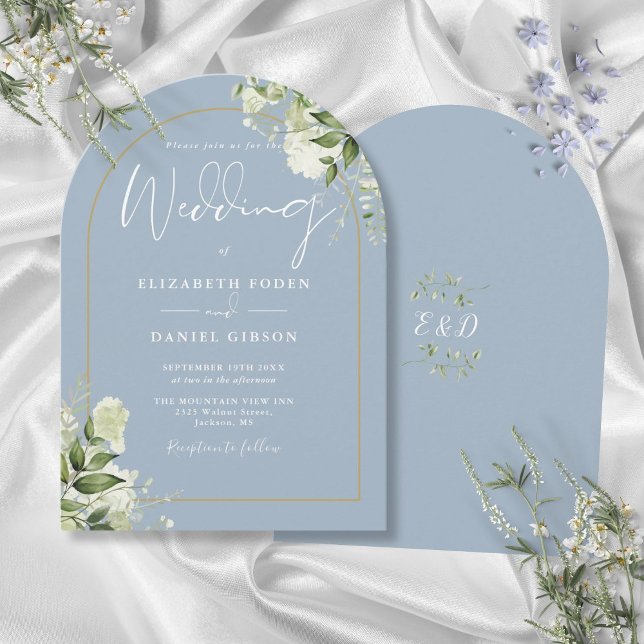 Dusty Blue Greenery Gold Arch Monogram Wedding Invitation (Dusty Blue Greenery Gold Arch Monogram Wedding Invitation)