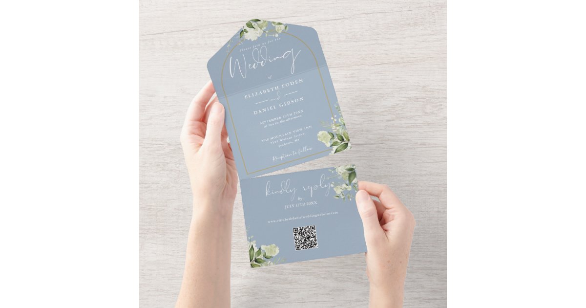 Dusty Blue Greenery Gold Arch QR Code Wedding All In One Invitation ...
