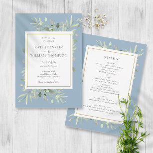 Dusty Blue Greenery Gold Frame All In One Wedding Invitation
