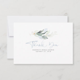 Dusty Blue Greenery Gold Leaves Small Thank You Card