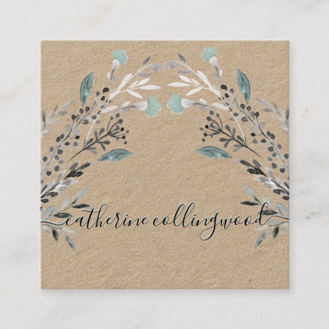 Dusty Blue Greenery Kraft Paper Swash Script Square Business Card (Front)