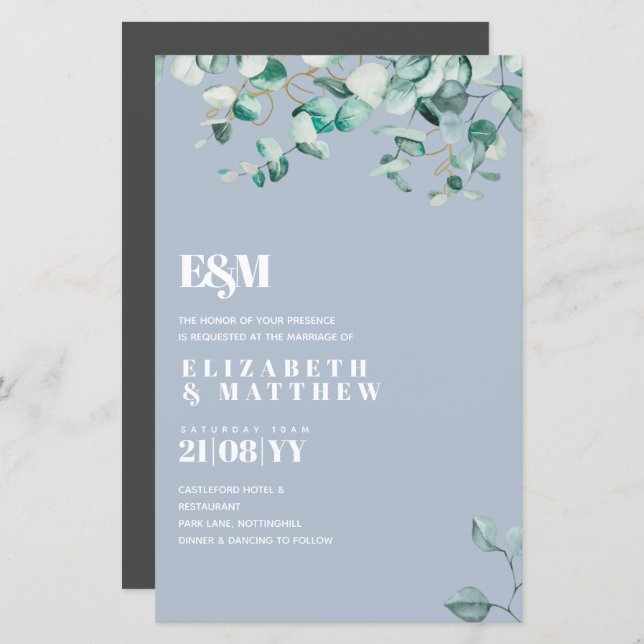 Dusty Blue Greenery Leafy Budget Wedding Invite (Front/Back)