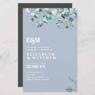 Dusty Blue Greenery Leafy Budget Wedding Invite