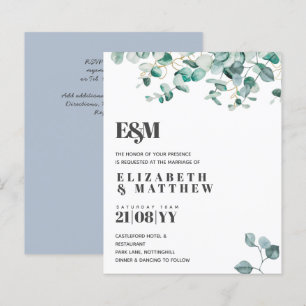 Dusty Blue Greenery Leafy Budget Wedding Invite