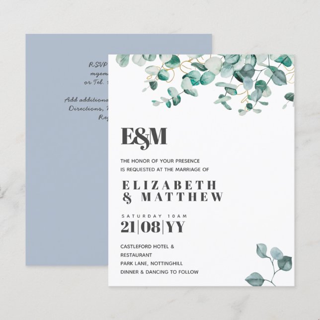 Dusty Blue Greenery Leafy Budget Wedding Invite (Front/Back)