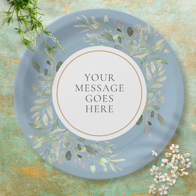Dusty Blue Greenery Leaves Watercolor Celebration Paper Plate (Creator Uploaded)