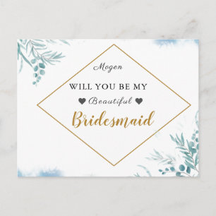 Dusty Blue Greenery Leaves Wedding Bridesmaid Invitation Postcard