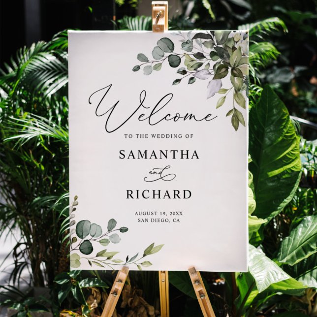 Dusty Blue Greenery Leaves Wedding Welcome Sign (Creator Uploaded)