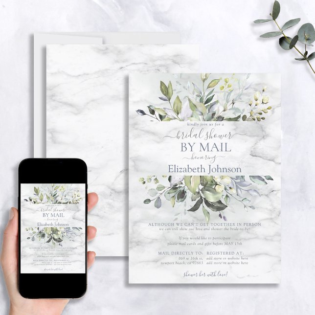 Dusty Blue Greenery Marble Shower By Mail Invitation (Creator Uploaded)