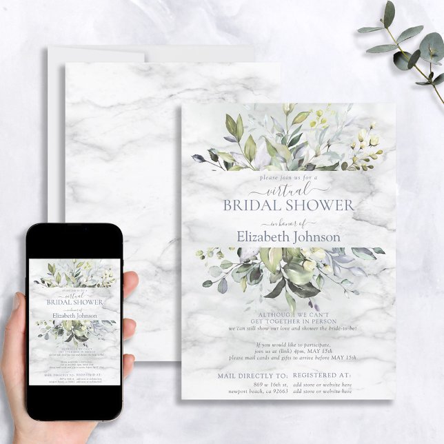 Dusty Blue Greenery Marble Virtual Shower Invitation (Creator Uploaded)