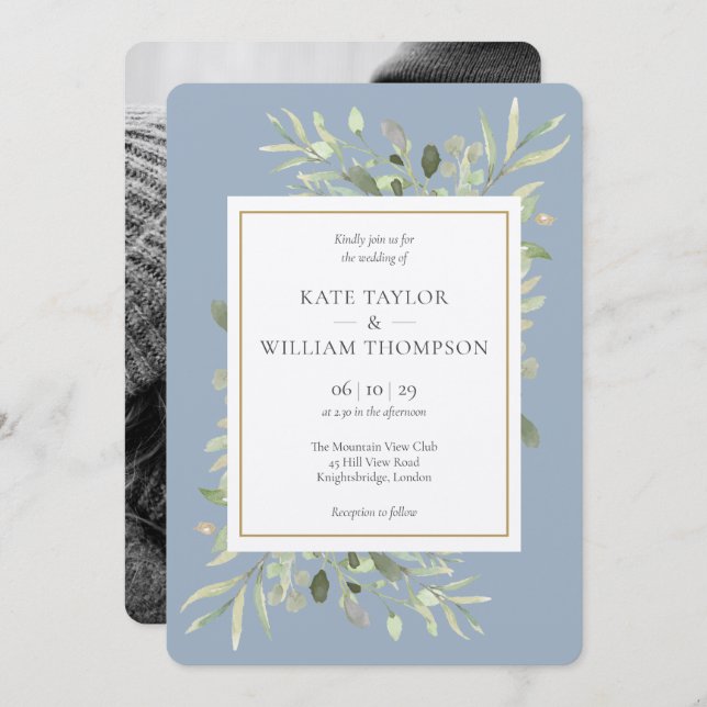 Dusty Blue Greenery Metallic Silver Photo Wedding Invitation (Front/Back)