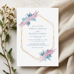 Dusty Blue Greenery Modern Gold Geometric Wedding Invitation