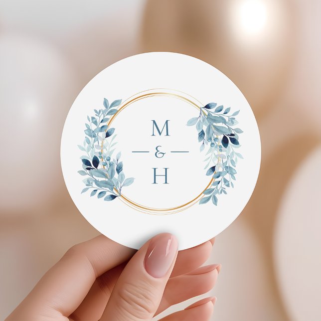 Dusty Blue Greenery Modern Monogram Wedding Classic Round Sticker (Creator Uploaded)