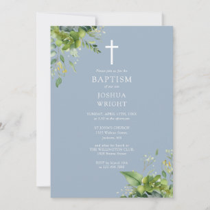 Dusty Blue Greenery Monogram Baptism Christening Invitation
