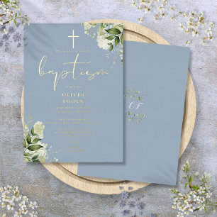 Dusty Blue Greenery Monogram Baptism Gold