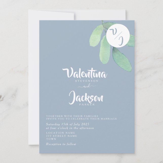 Dusty Blue Greenery Monogram Wedding  Invitation (Front)