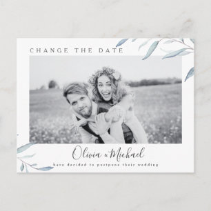 Dusty blue greenery photo change the date postcard
