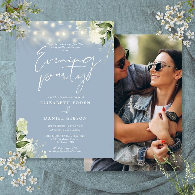 Dusty Blue Greenery Photo Wedding Evening Party Invitation (Dusty Blue Greenery Photo Wedding Evening Party Invitation)