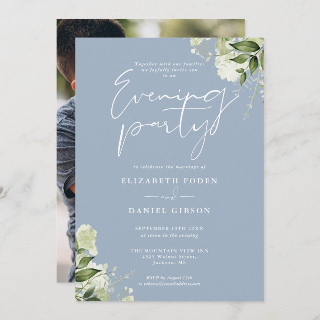 Dusty Blue Greenery Photo Wedding Evening Party Invitation (Front/Back)