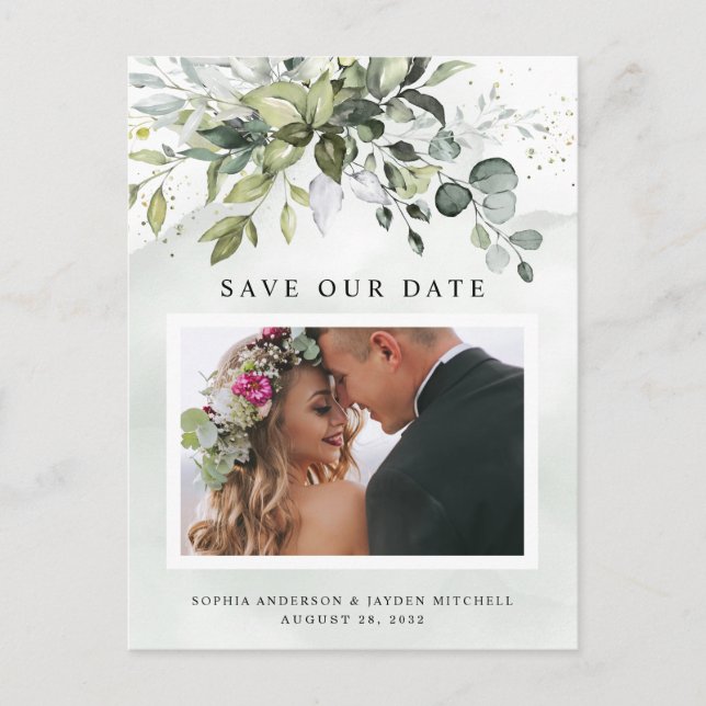 Dusty Blue Greenery Photo Wedding Save the Date Postcard (Front)