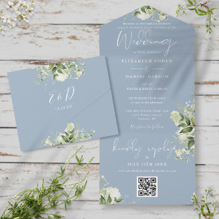 Dusty Blue Greenery QR Code Formal Wedding All In One Invitation