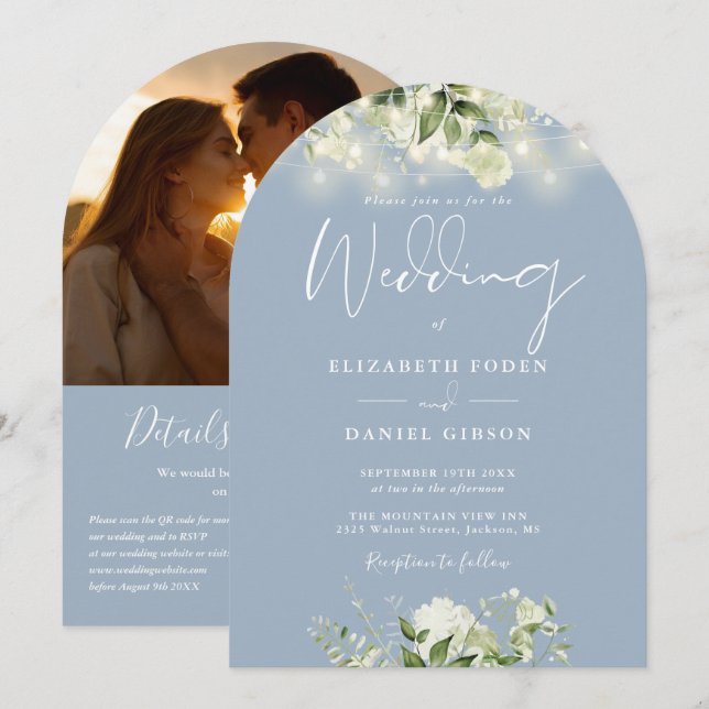 Dusty Blue Greenery QR Code Photo Arch Wedding Invitation (Front/Back)